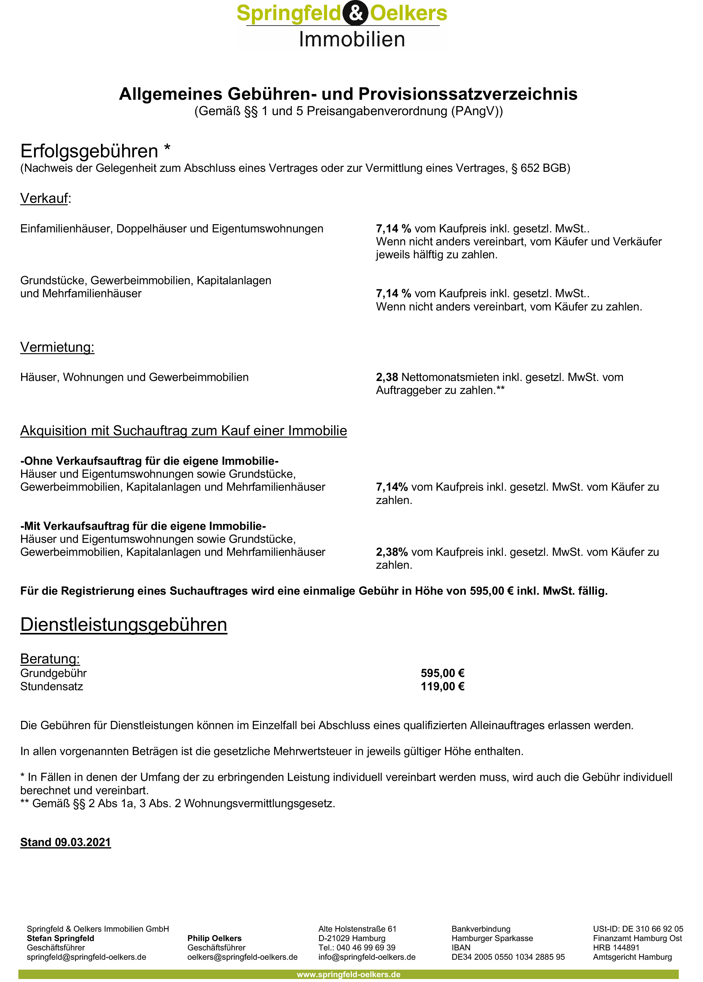 Springfeld und Oelkers Immobilien GmbH Gebuerenverzeichnis